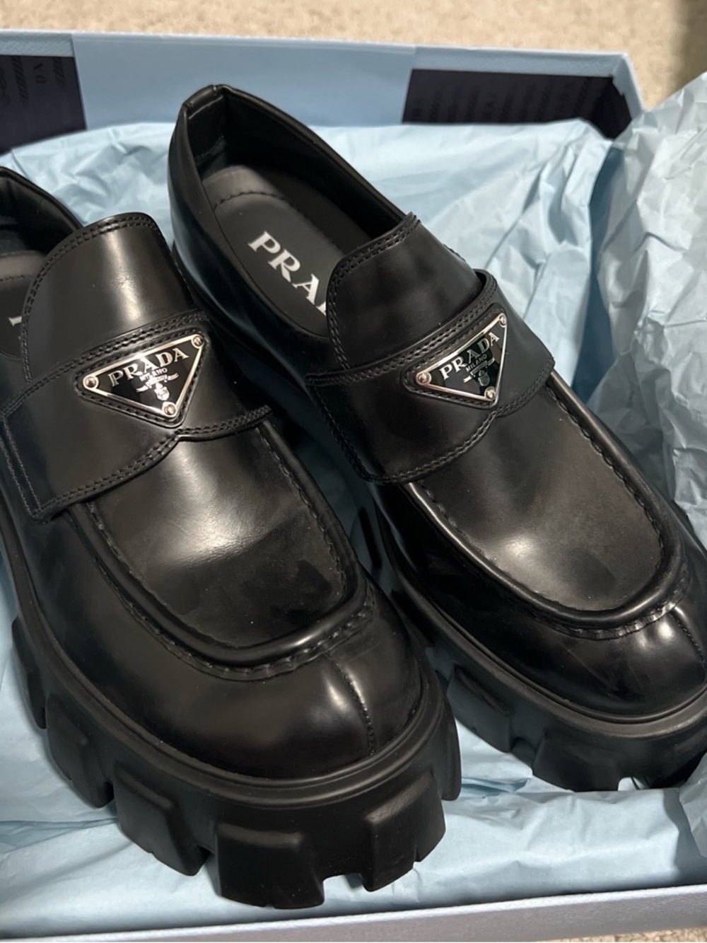 Prada Black Leather Lug-Sole Loafers with Triangle Logo